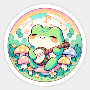 Cottagecore Aesthetic Cute Frog Playing Banjo among Mushrooms Sticker